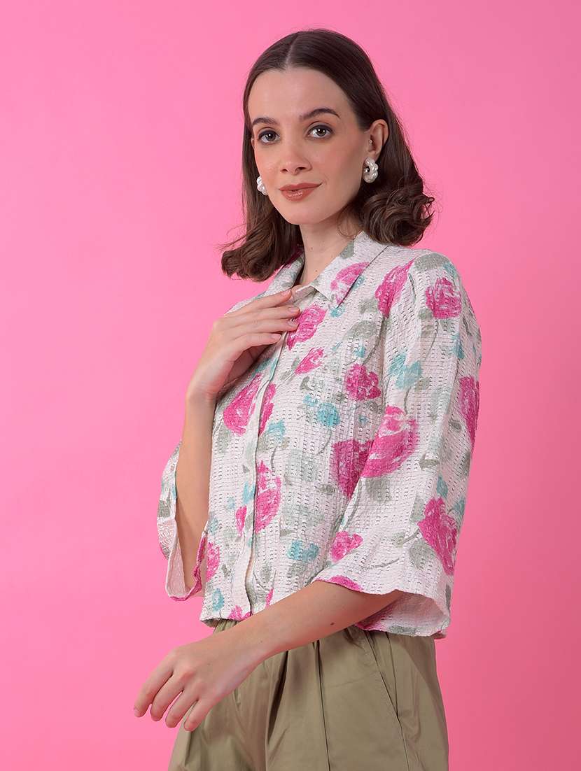 women floral print bell sleeve crop shirt - 21986095 -  Standard Image - 2