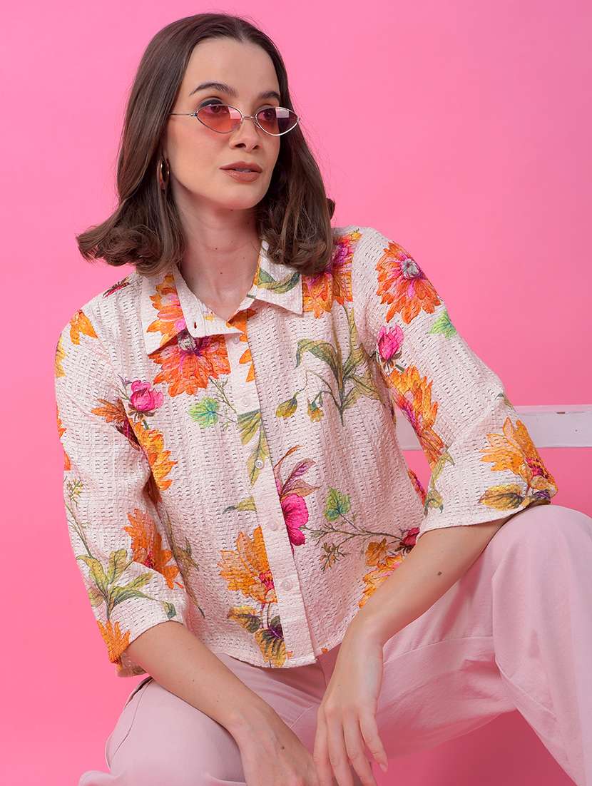 women floral print bell sleeve crop shirt