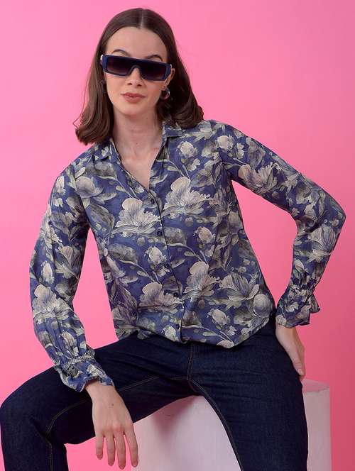 women printed long sleeve collared shirt - 21986099 - Standard Image - 0