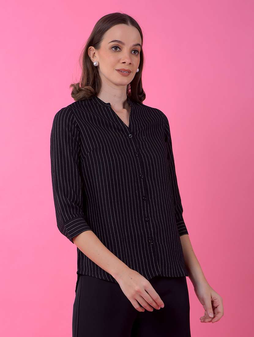 women striped three quarter sleeve hig low shirt  - 21986114 -  Standard Image - 2