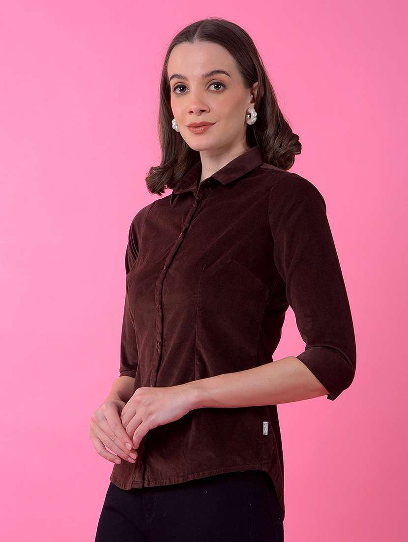 women solid collared three quarter sleeve shirt - 21986119 - Standard Image - 2