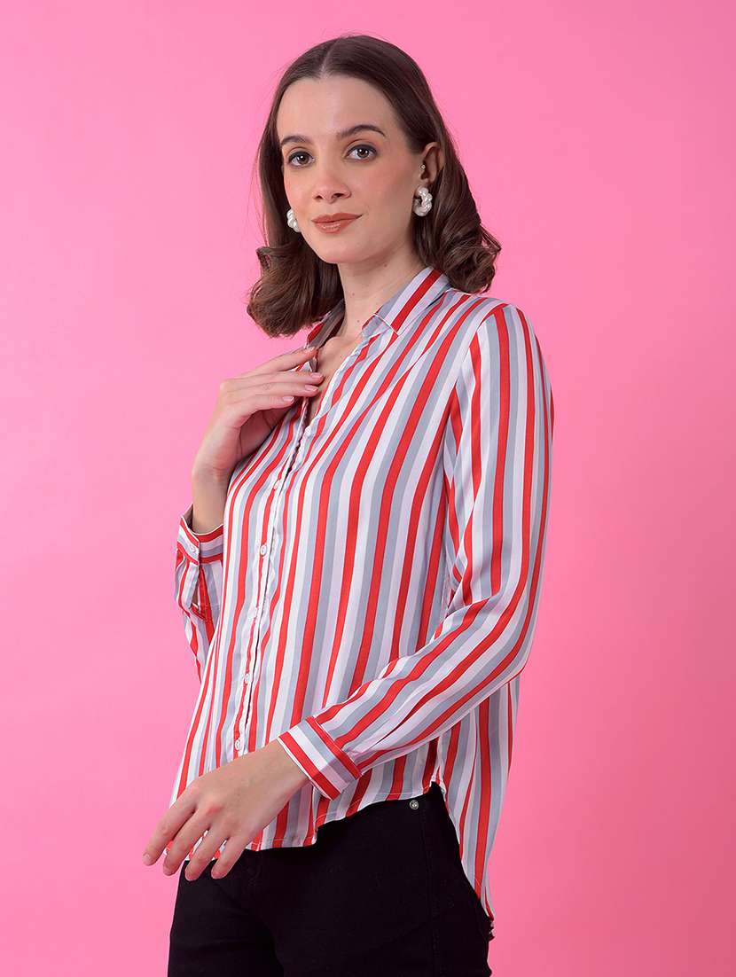 women striped collared long sleeve shirt - 21986121 - Standard Image - 2