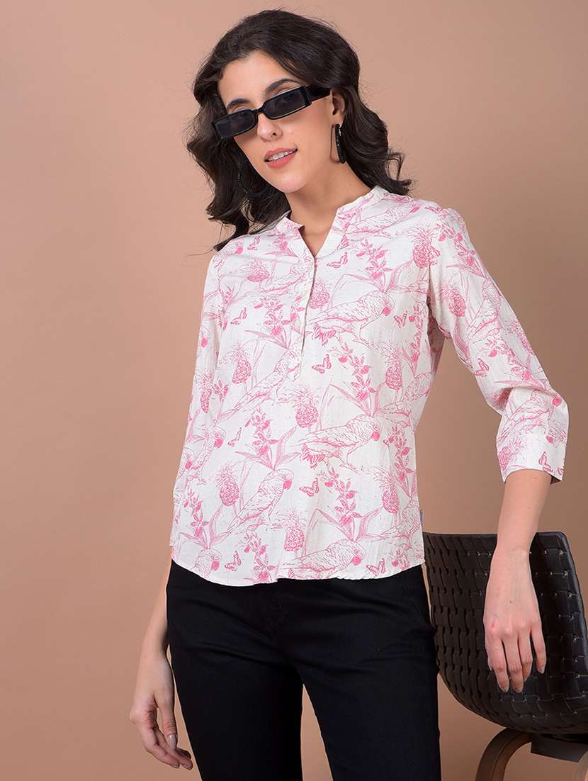 women printed three quarter sleeve high low top