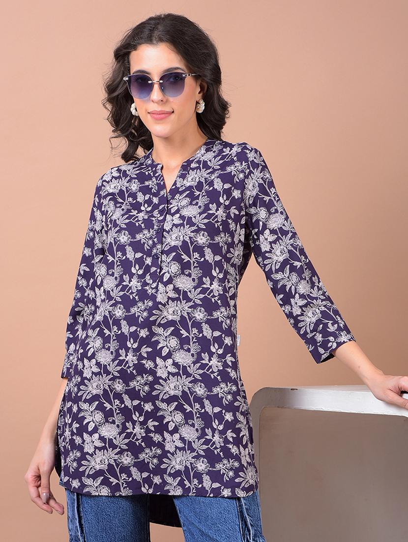 women printed mandarin neck high low kurti - 21986145 -  Zoom Image - 0