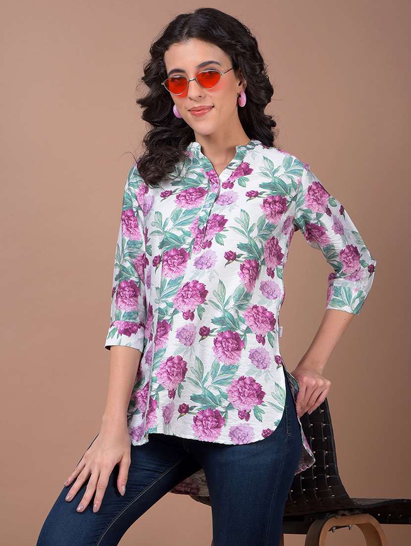 women floral print mandarin neck high low kurti