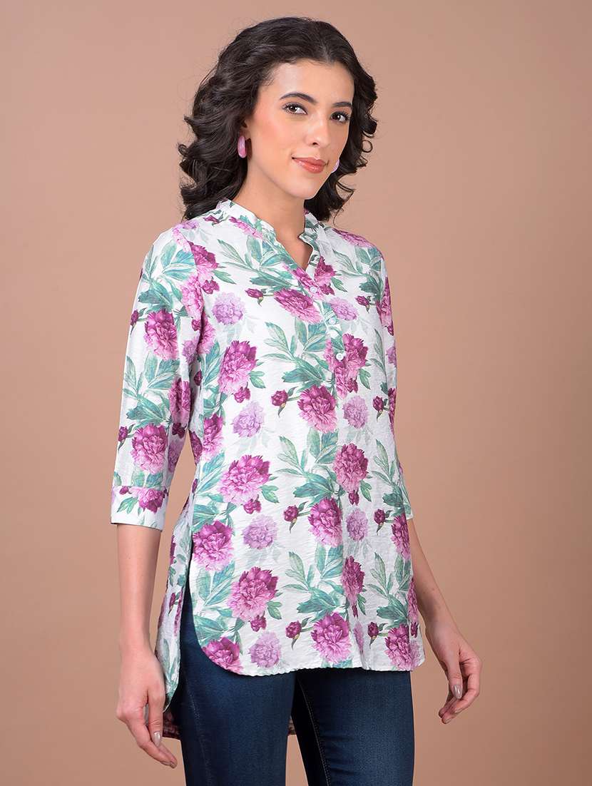 women floral print mandarin neck high low kurti - 21986149 - Standard Image - 2