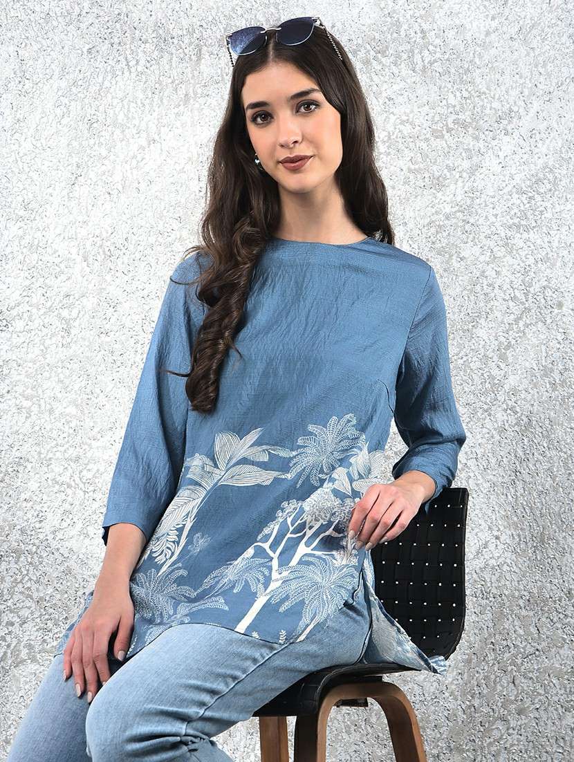 women printed mandarin neck high low kurti