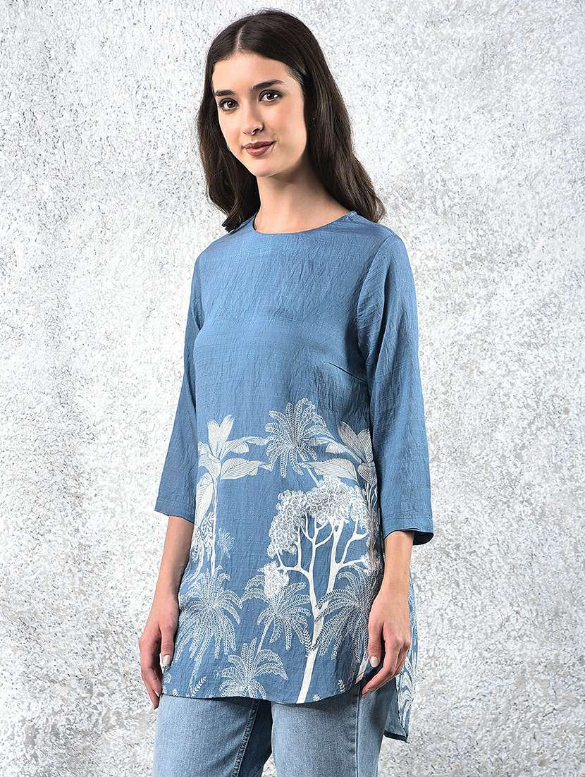women printed mandarin neck high low kurti - 21986152 -  Standard Image - 2