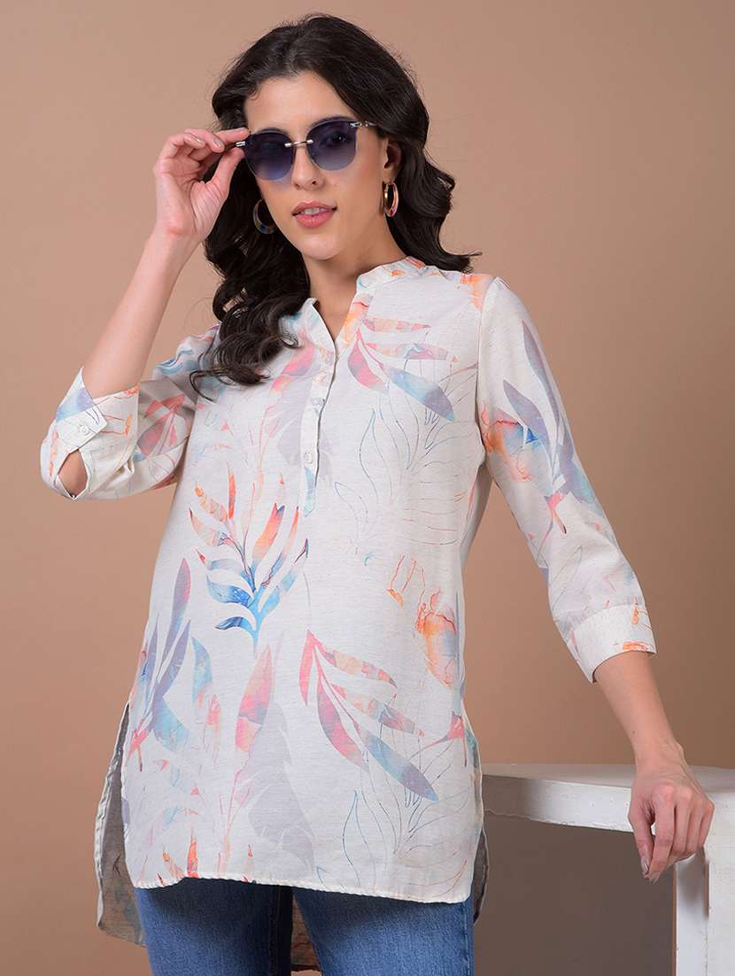 women printed mandarin neck high low kurti