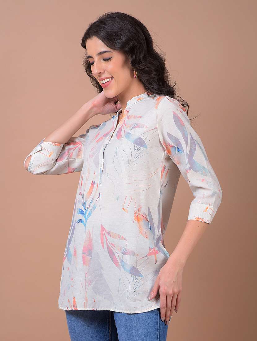 women printed mandarin neck high low kurti - 21986154 - Standard Image - 2