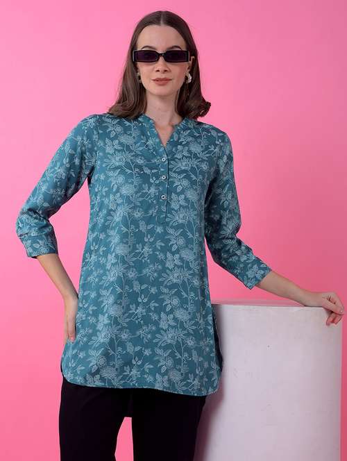 women printed mandarin neck high low kurti - 21986166 -  Standard Image - 0