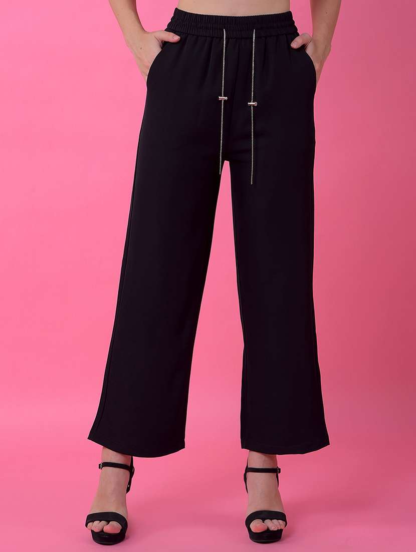 women solid high rise wide leg trouser