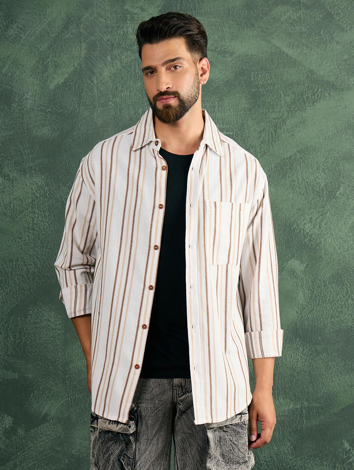 men striped collared loose fit shirt - 21986238 - Standard Image - 2
