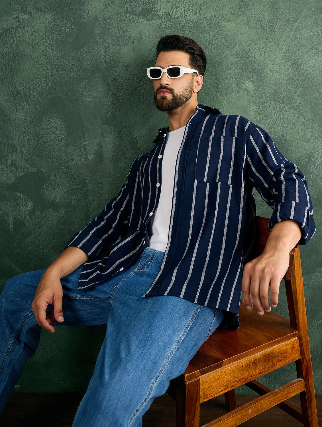 men navy blue striped collared loose fit shirt