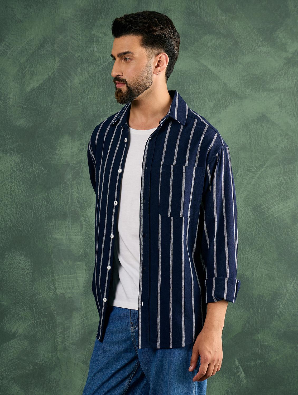 men navy blue striped collared loose fit shirt - 21986239 - Standard Image - 2
