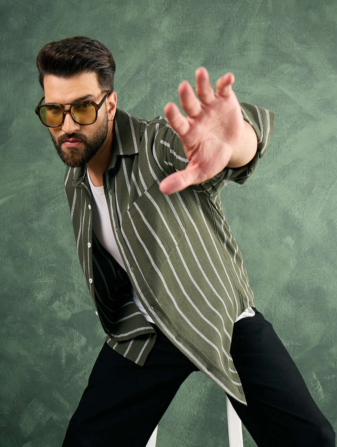 men olive striped collared loose fit shirt