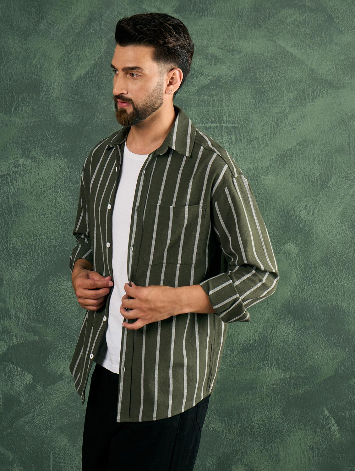 men olive striped collared loose fit shirt - 21986240 - Standard Image - 2