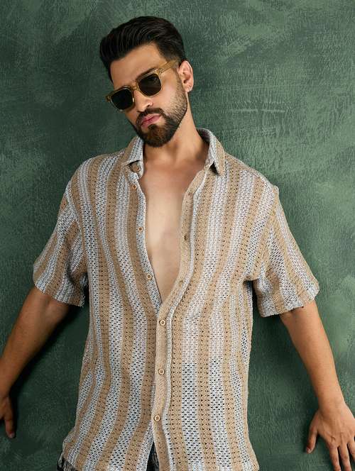 men striped textuered collared loose fit shirt - 21986242 -  Standard Image - 0