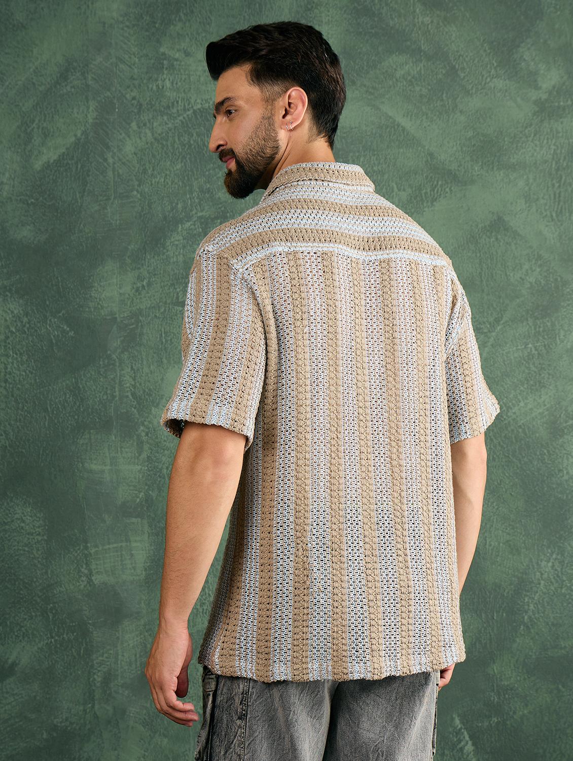 men striped textuered collared loose fit shirt - 21986242 - Standard Image - 2