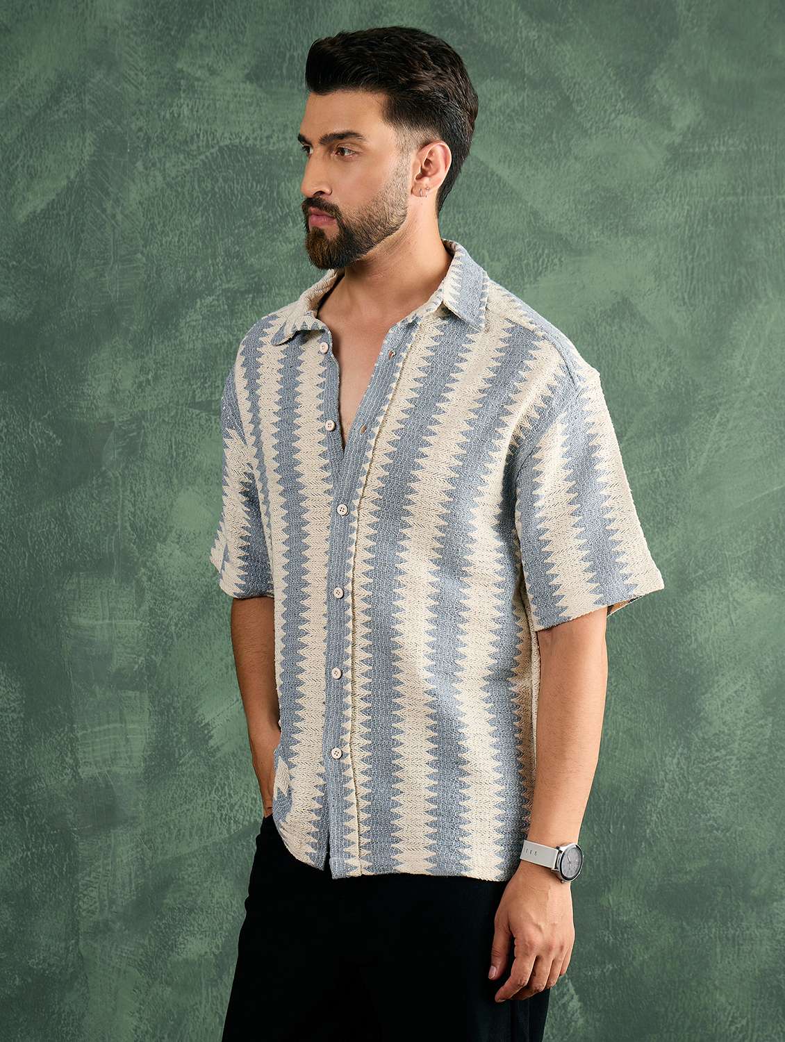 men striped textured collared loose fit shirt - 21986243 -  Standard Image - 2