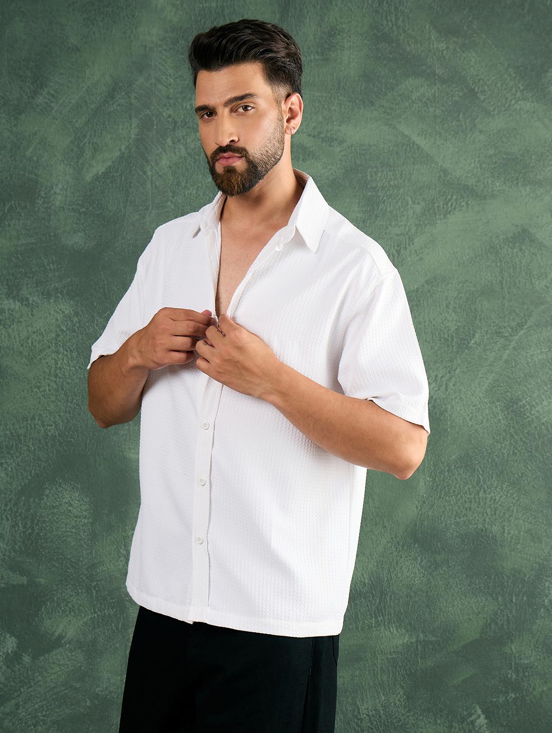 men white textured short sleeve oversized shirt - 21986245 - Standard Image - 2