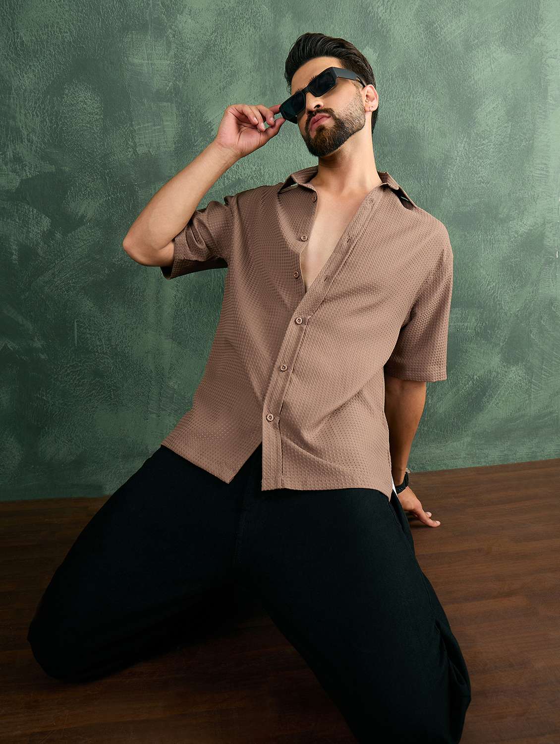 men brown textured short sleeve oversized shirt 