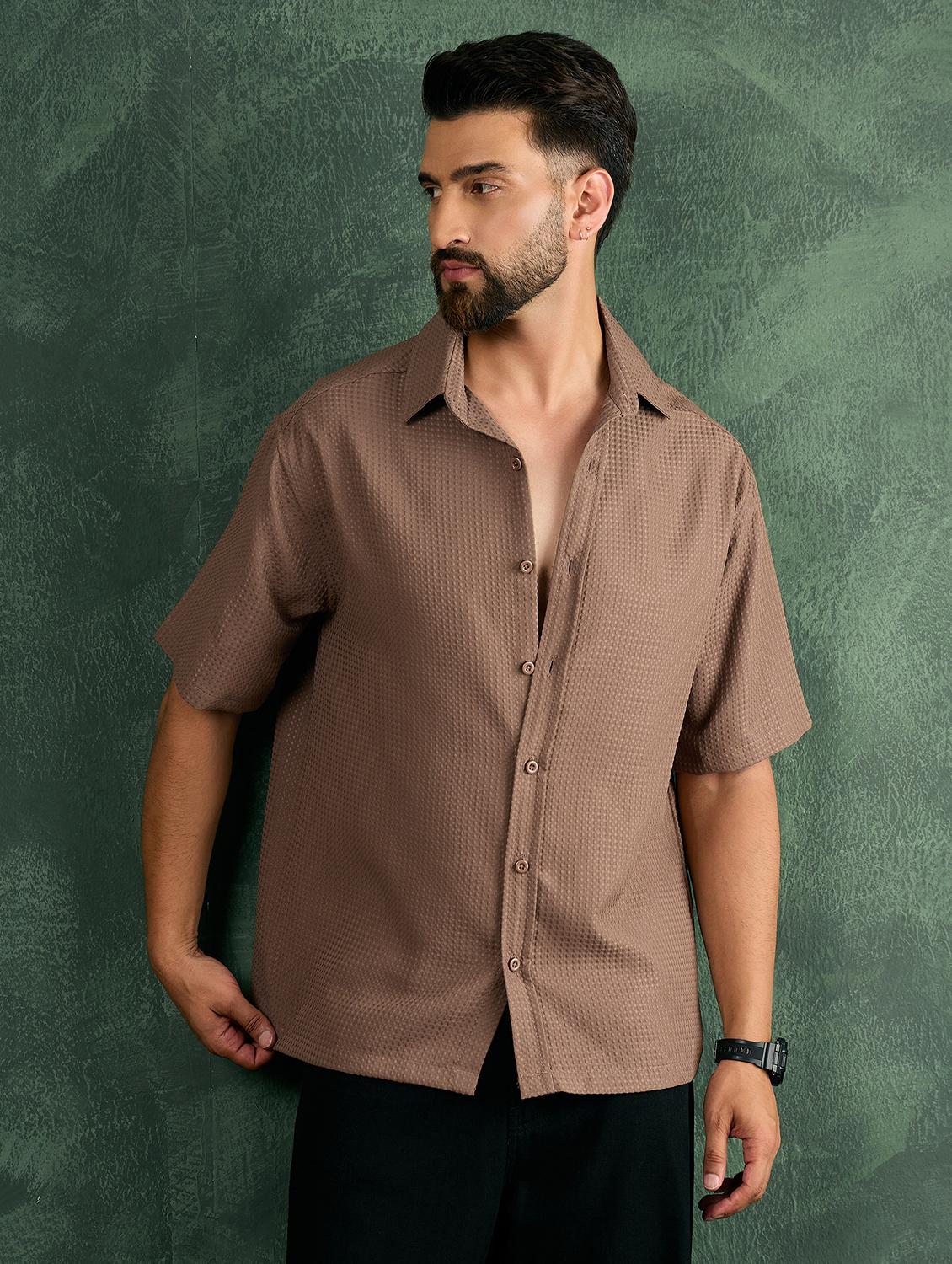 men brown textured short sleeve oversized shirt - 21986246 - Standard Image - 2