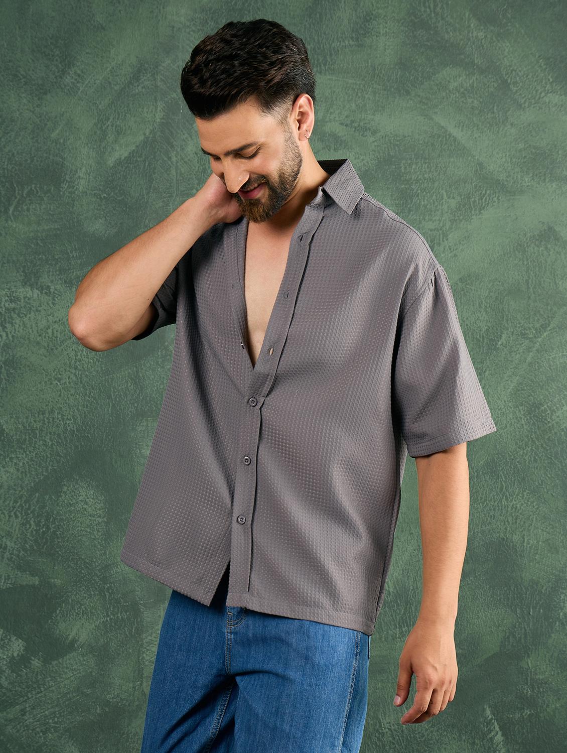 men grey textured short sleeve oversized shirt - 21986249 - Standard Image - 2