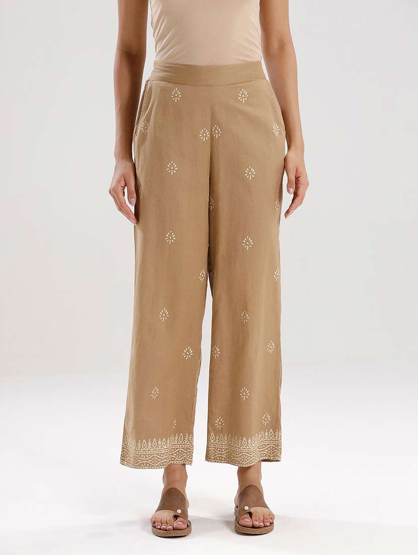 women beige printed mid irse straight palazzo