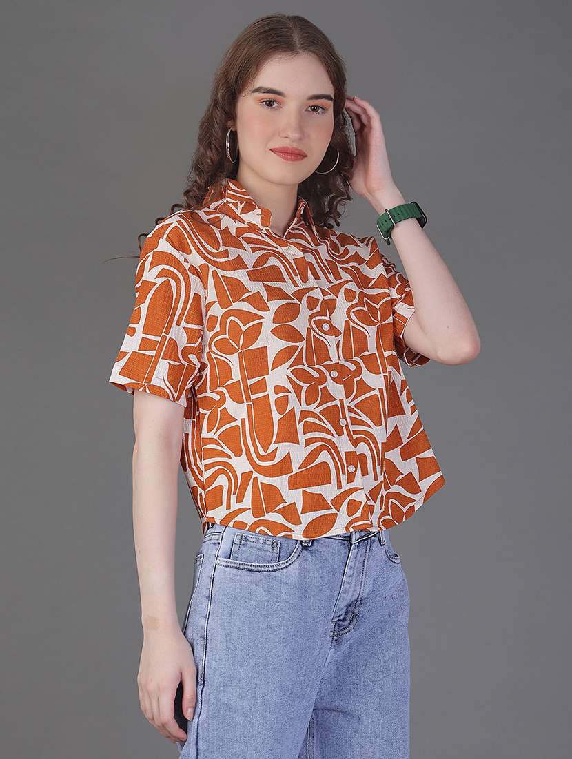 women printed collared short sleeve boxy shirt - 21986493 -  Standard Image - 2