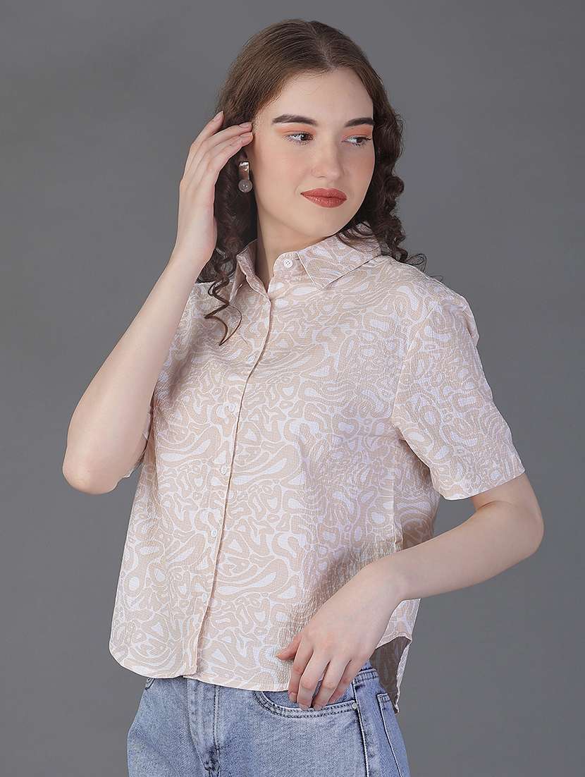 women printed short sleeve collared boxy shirt - 21986495 -  Standard Image - 2
