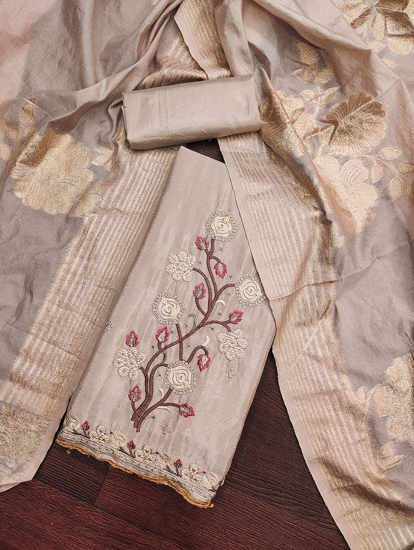 women solid with work embroidered unstitched suit set - 21986646 - Standard Image - 2