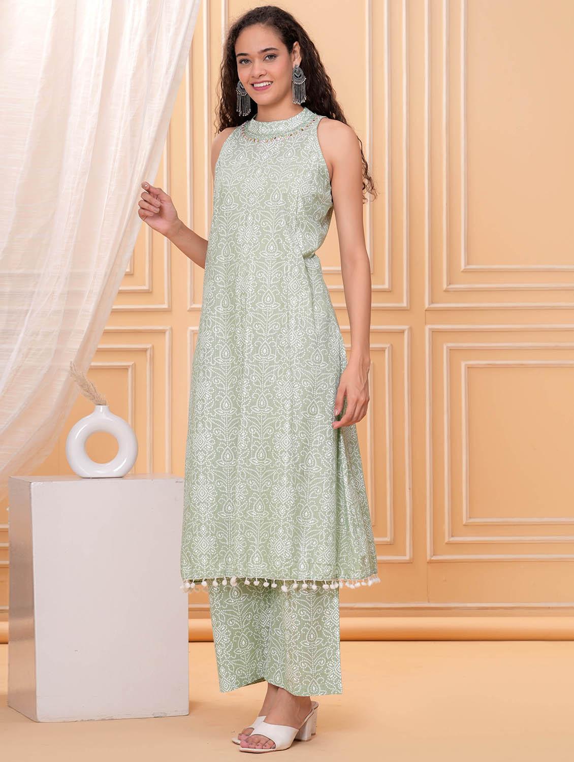 women printed halter neck kurta and pant set - 21986704 - Standard Image - 2