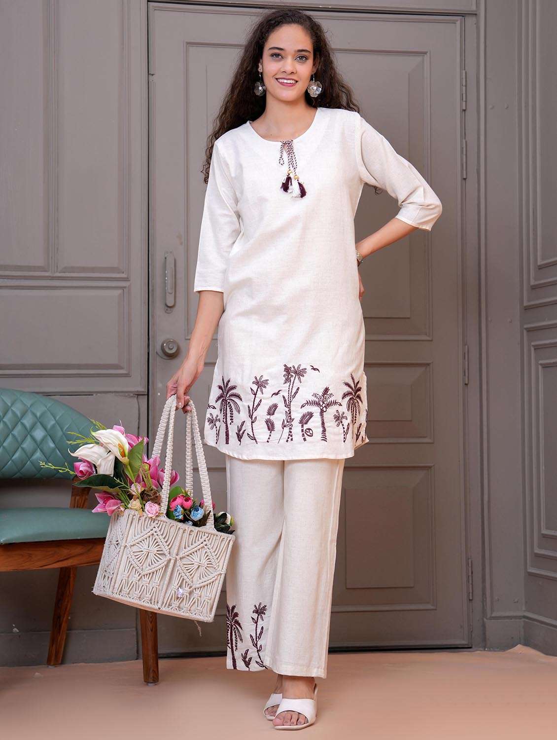 women white embroidered tie-up neck co-ord set