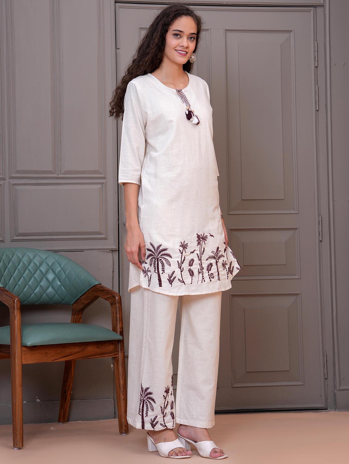 women white embroidered tie-up neck co-ord set - 21986707 - Standard Image - 2