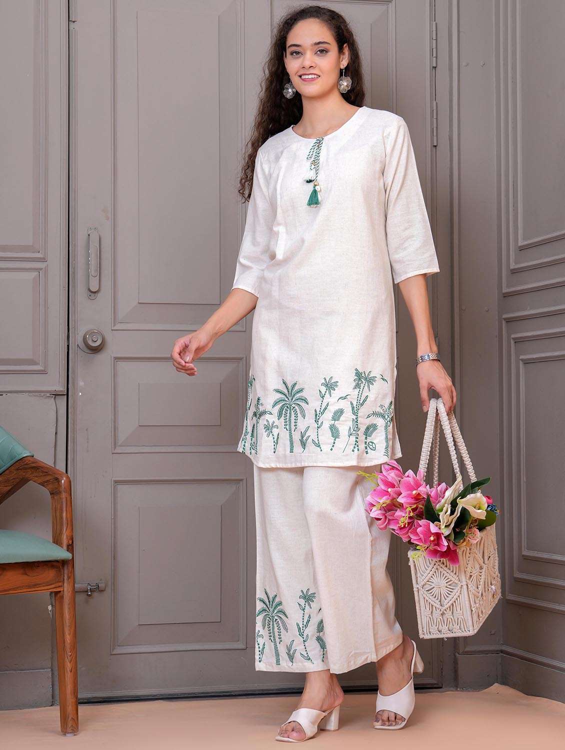 women white embroidered tie-up neck co-ord set