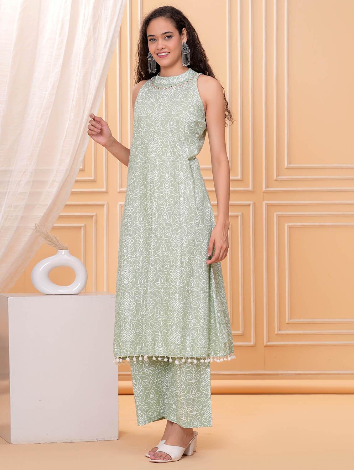 women bandhani print halter neck kurta and pant set - 21986786 - Standard Image - 2