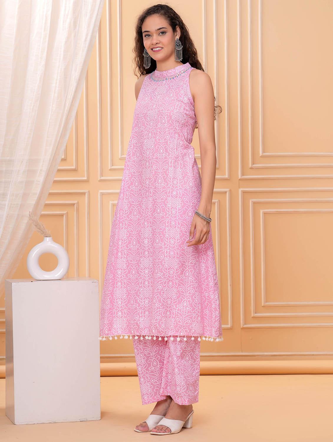 women bandhani print halter neck kurta and pant set - 21986788 - Standard Image - 2