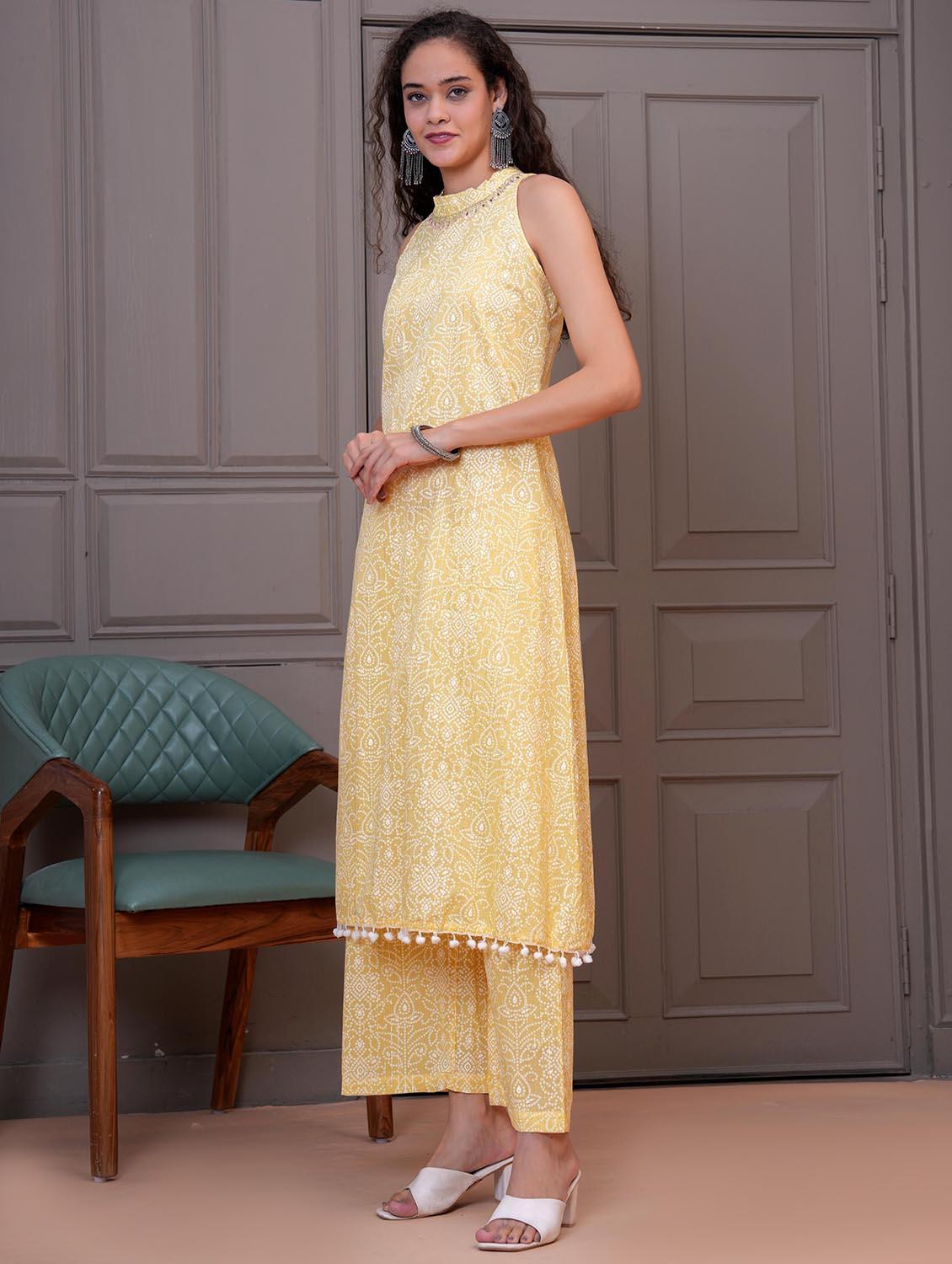 women bandhani print halter neck kurta and pant set - 21986789 - Standard Image - 2