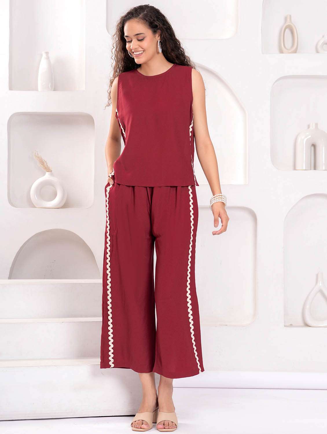 women solid sleeveless top and trouser co-ord set - 21986798 - Standard Image - 2