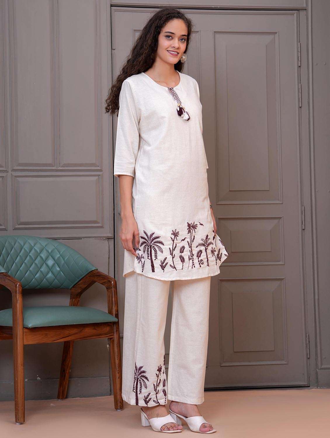 women white embroidered tie-up neck co-ord set - 21986800 - Standard Image - 2