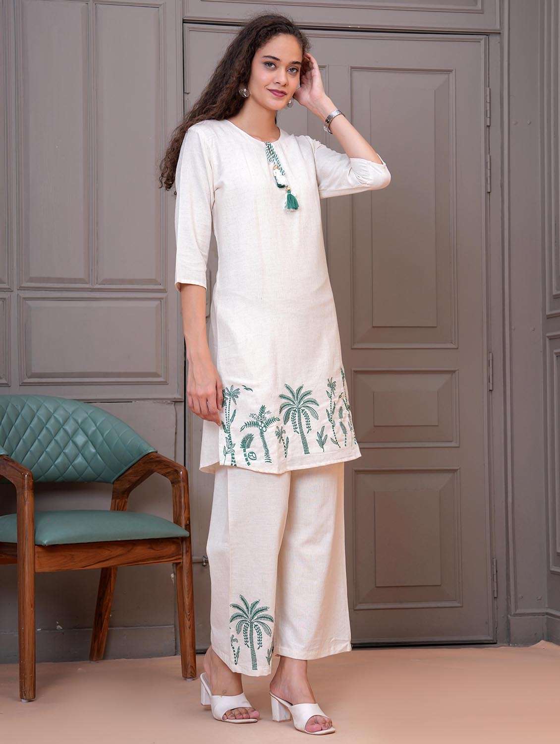 women white embroidered tie-up neck co-ord set - 21986801 - Standard Image - 2