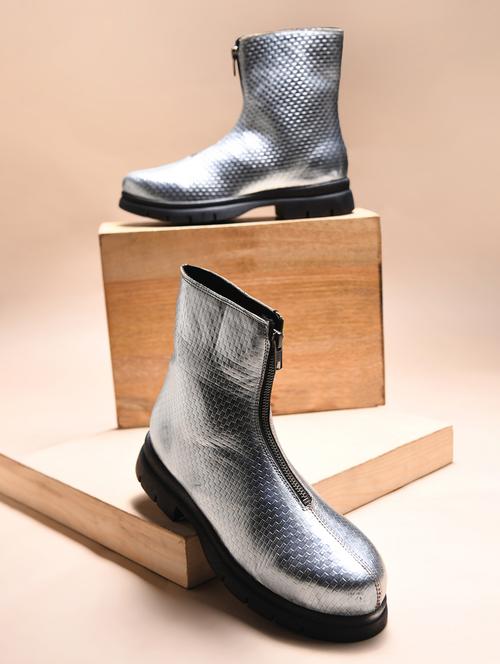 women silver textured ankle length boots - 21986868 - Standard Image - 0