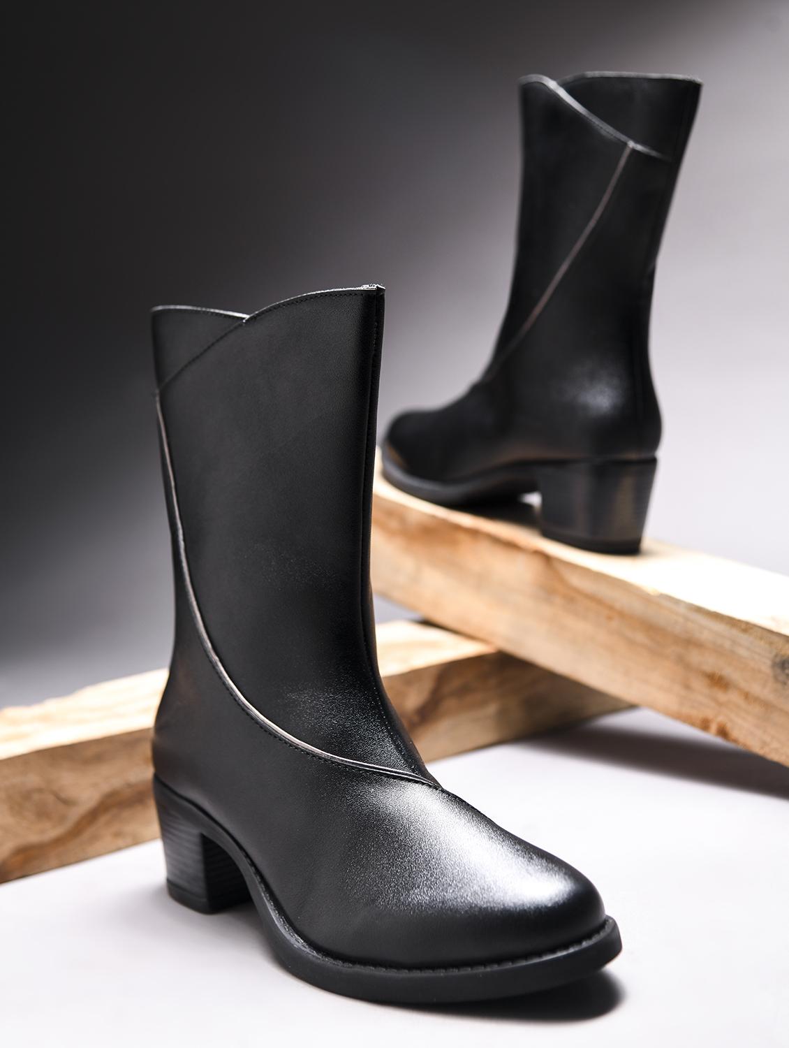 women black solid block heel calf length boots - 21986869 - Zoom Image - 0
