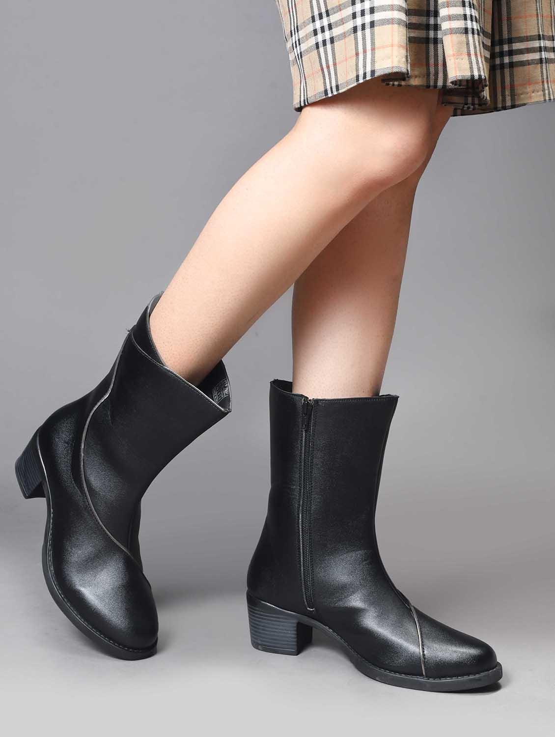 women black solid block heel calf length boots - 21986869 - Standard Image - 7