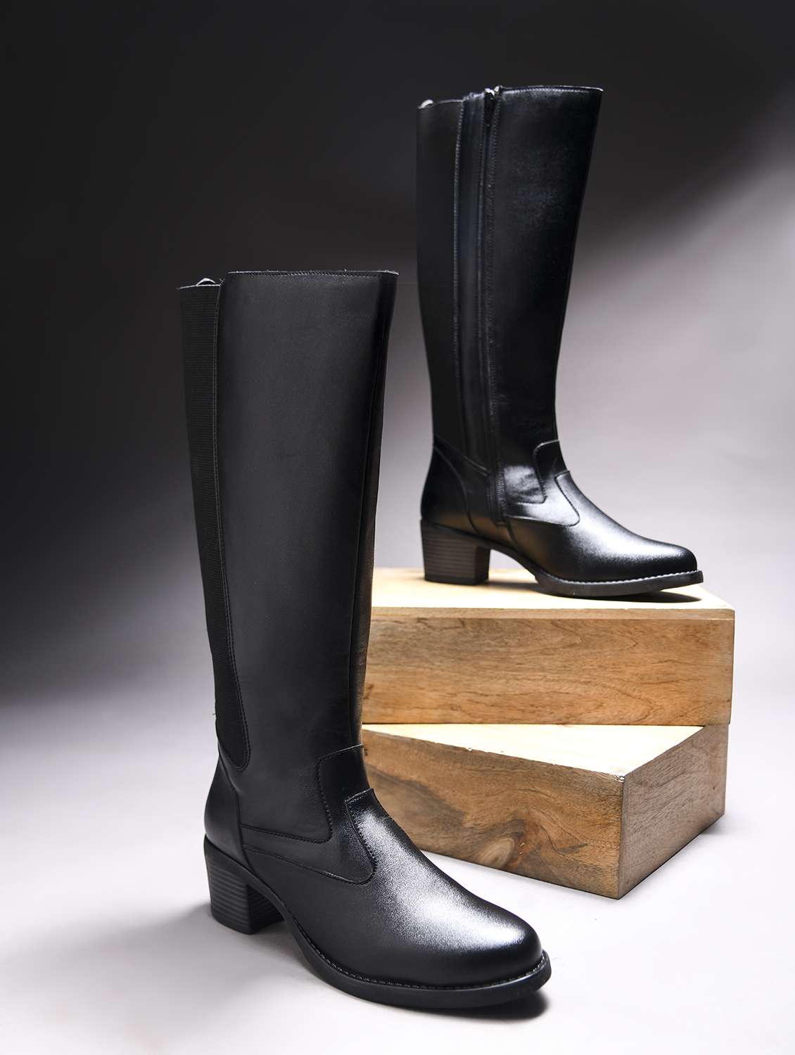 women black block heel knee length boots