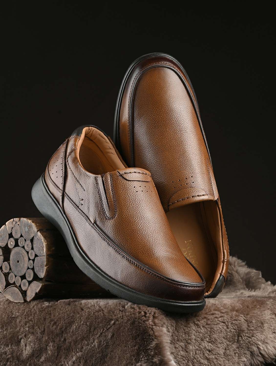 men brown slip on formal shoes