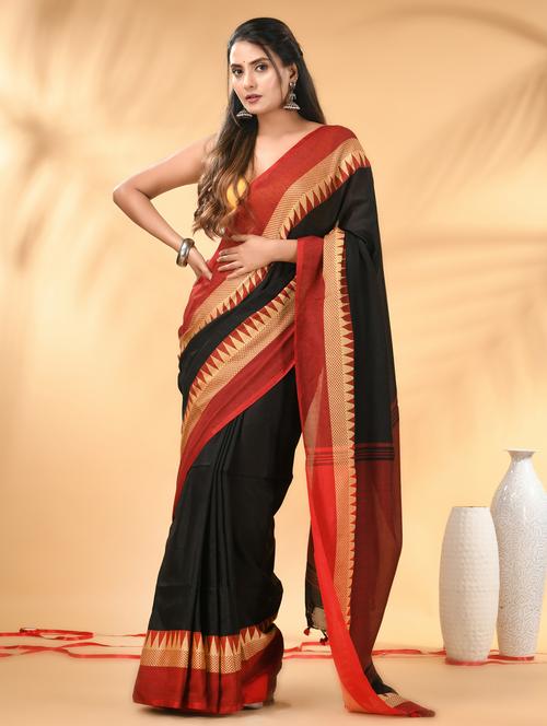 women solid with bordered handloom saree with blouse - 21986967 - Standard Image - 0