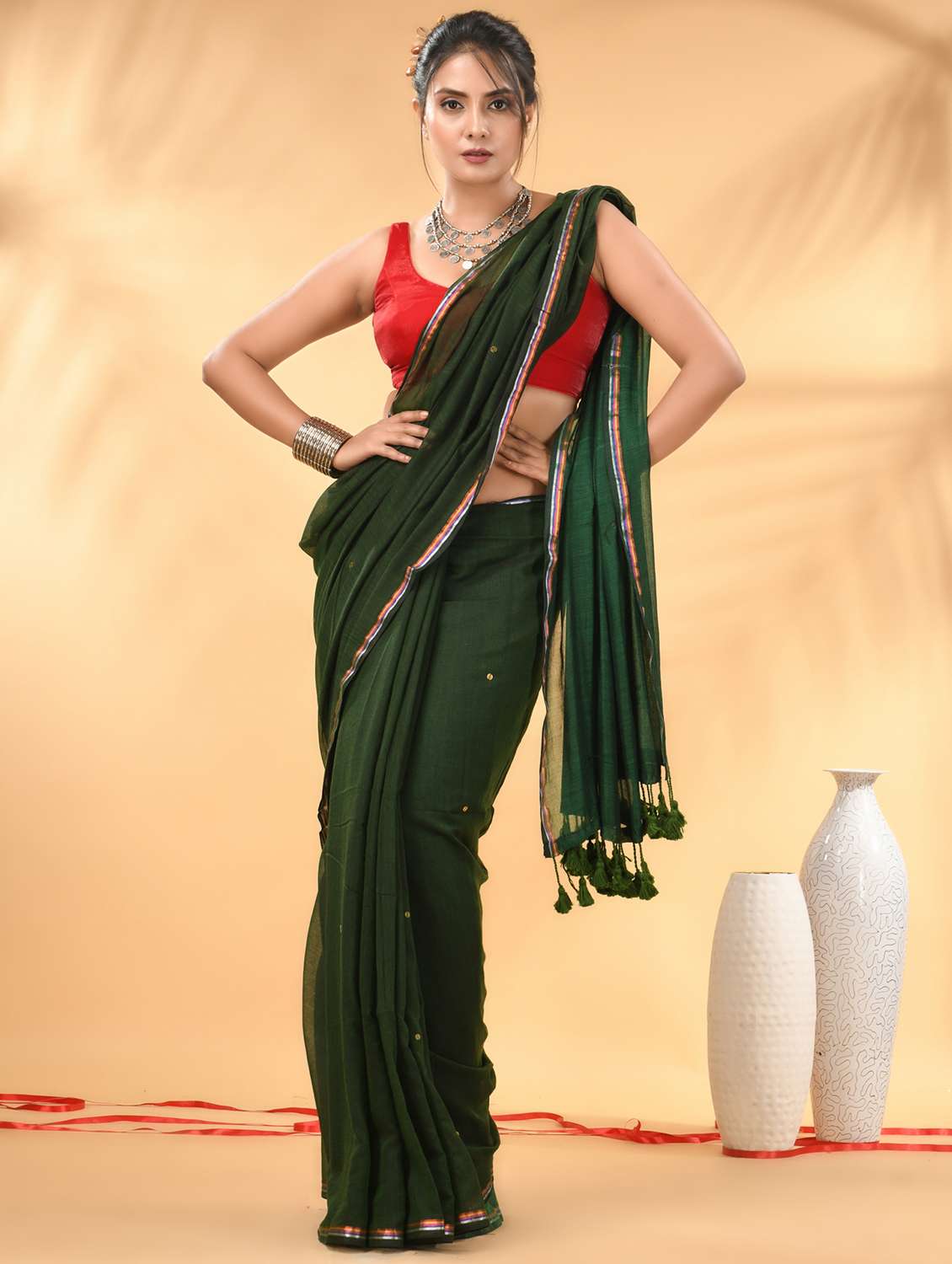 women solid with work handloom saree with blouse