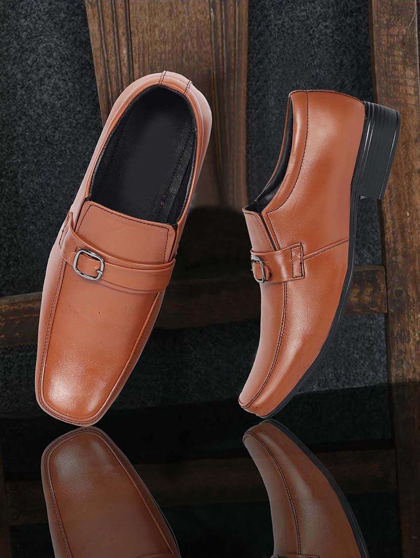 men tan slip on formal shoes